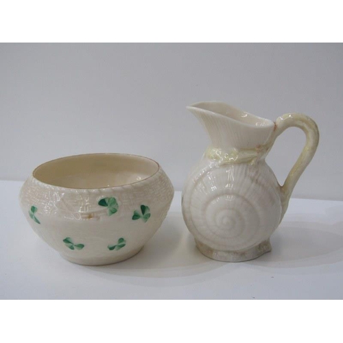 119 - BELLEEK, collection of 6 pieces to include cream jug and flower holders