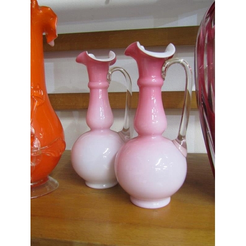 40 - COLOURED GLASS, 3 Japanese glass vases, also pair of milk glass small ewer jugs and 2 retro vases