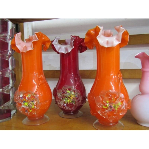 40 - COLOURED GLASS, 3 Japanese glass vases, also pair of milk glass small ewer jugs and 2 retro vases