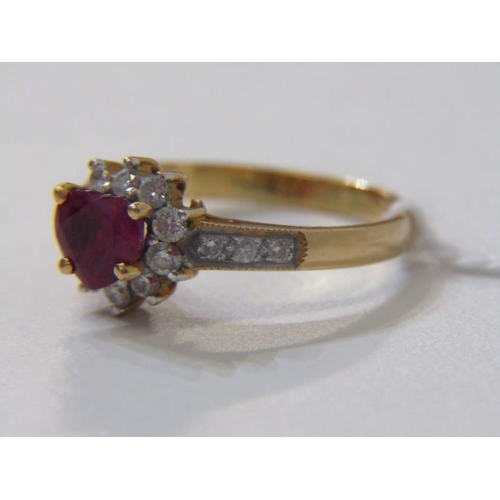 182 - RUBY & DIAMOND CLUSTER RING, 18ct yellow gold ring set a central heart shaped ruby within a cluster,... 