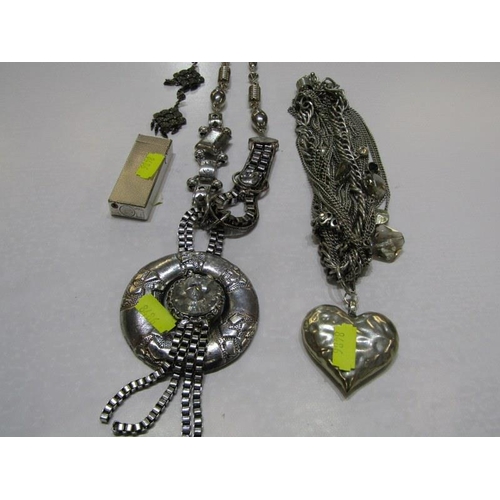 320 - COSTUME JEWELLERY, a large white metal multi strand necklace and heart shaped pendant, together with... 