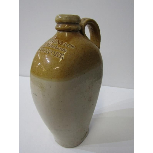 104 - ANTIQUE STONEWARE FLAGON, a small two tone flagon impressed 