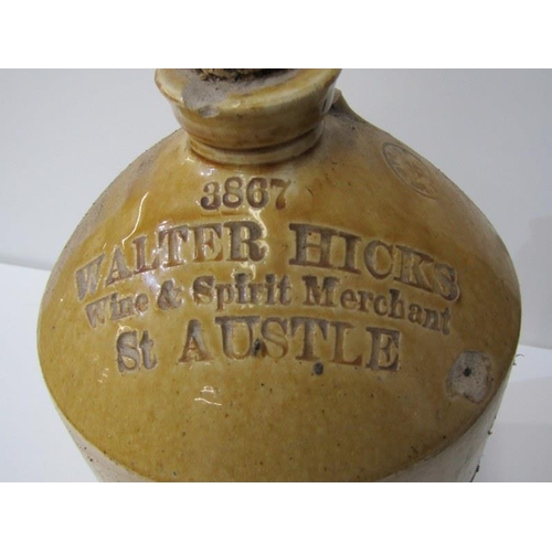 104 - ANTIQUE STONEWARE FLAGON, a small two tone flagon impressed 