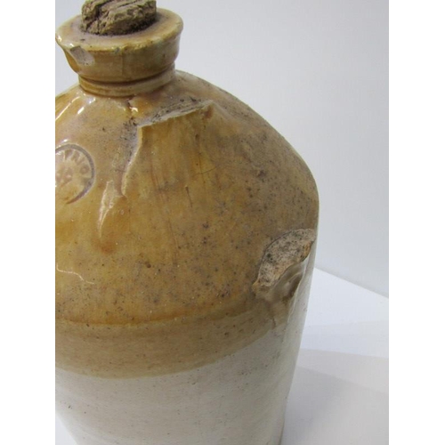 104 - ANTIQUE STONEWARE FLAGON, a small two tone flagon impressed 