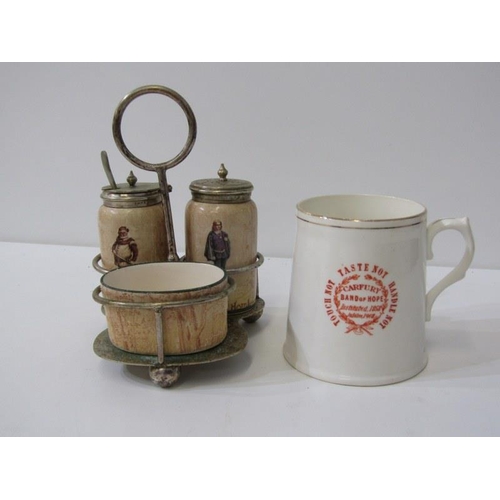 116 - MOTTOWARE CHAMBER STICK and 2 bowls, Carfury band of hope, 1908 commemorative mug, Wade tortoise bow... 