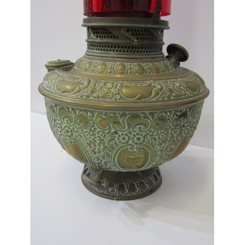 118 - OIL LAMP, engraved brass base red funnel oil lamp, base engraved 