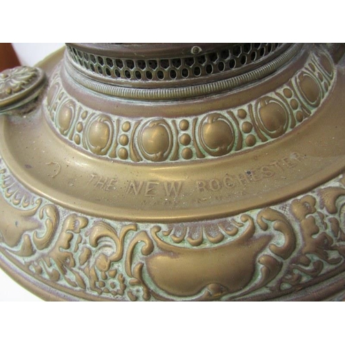 118 - OIL LAMP, engraved brass base red funnel oil lamp, base engraved 