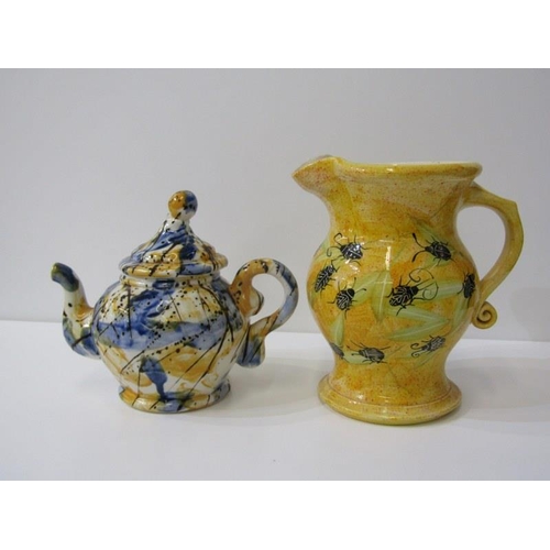 13 - ART POTTERY TEAPOT, Roger Michel teapot in blue, yellow and brown, also a Rory Louden milk jug of ba... 