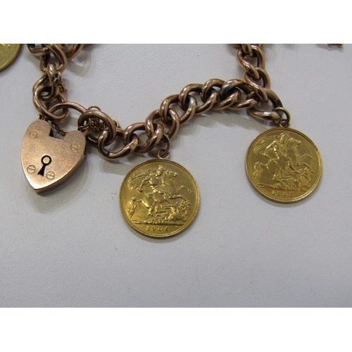 141 - HALF SOVEREIGN BRACELET, 9ct gold curb link bracelet with padlock clasp, set 4 half sovereigns, incl... 