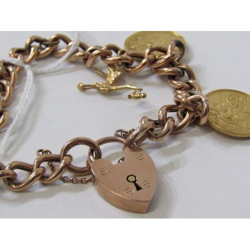 141 - HALF SOVEREIGN BRACELET, 9ct gold curb link bracelet with padlock clasp, set 4 half sovereigns, incl... 