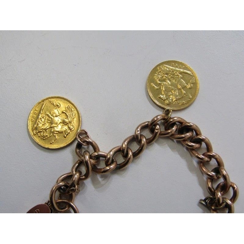 141 - HALF SOVEREIGN BRACELET, 9ct gold curb link bracelet with padlock clasp, set 4 half sovereigns, incl... 