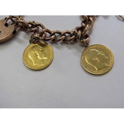 141 - HALF SOVEREIGN BRACELET, 9ct gold curb link bracelet with padlock clasp, set 4 half sovereigns, incl... 