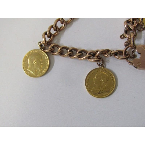 141 - HALF SOVEREIGN BRACELET, 9ct gold curb link bracelet with padlock clasp, set 4 half sovereigns, incl... 