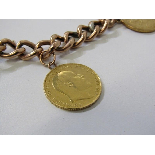 141 - HALF SOVEREIGN BRACELET, 9ct gold curb link bracelet with padlock clasp, set 4 half sovereigns, incl... 