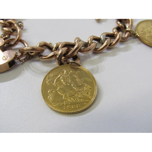 141 - HALF SOVEREIGN BRACELET, 9ct gold curb link bracelet with padlock clasp, set 4 half sovereigns, incl... 