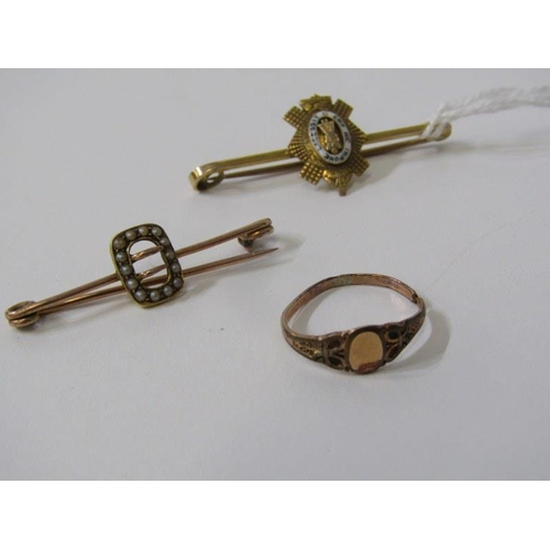 153 - 9CT GOLD, antique gold & pearl bar brooch together with one other enamel & gold bar brooch, also sig... 