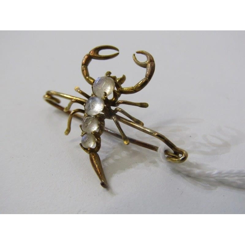 156 - MOONSTONE BAR BROOCH, an antique yellow gold bar brooch (tests as 14ct) in the form of a scorpion wi... 