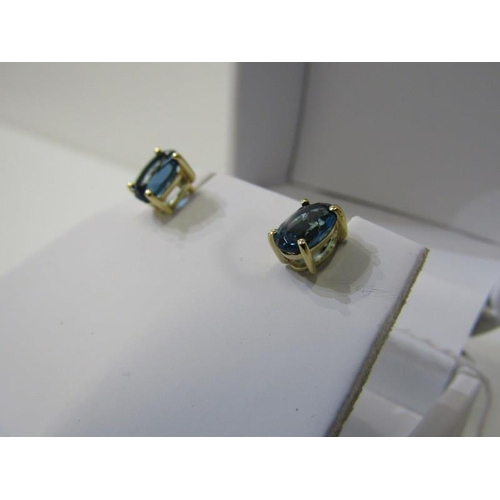 159 - TOPAZ EARRINGS, a pair of 9ct yellow gold earrings, set oval blue topaz, approx. 6.5mm length