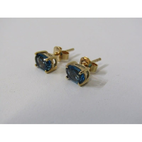 159 - TOPAZ EARRINGS, a pair of 9ct yellow gold earrings, set oval blue topaz, approx. 6.5mm length