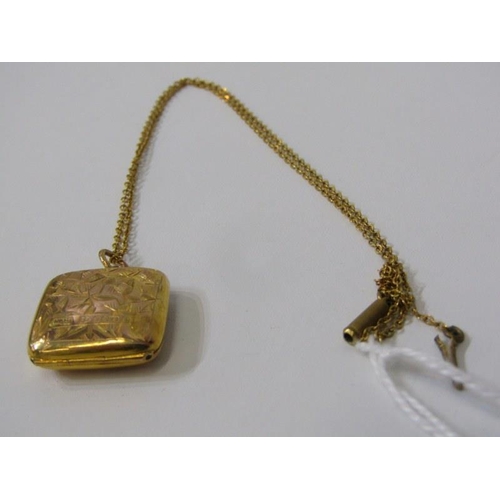 160 - ANTIQUE GOLD LOCKET, 9ct yellow gold foliate engraved square form locket, on fine link chain, makers... 