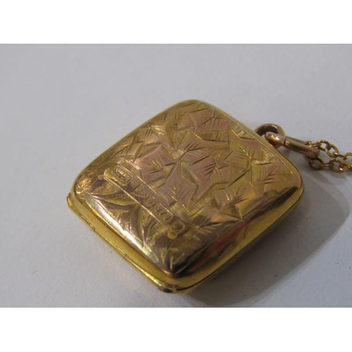 160 - ANTIQUE GOLD LOCKET, 9ct yellow gold foliate engraved square form locket, on fine link chain, makers... 