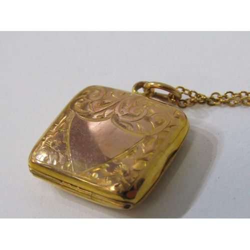 160 - ANTIQUE GOLD LOCKET, 9ct yellow gold foliate engraved square form locket, on fine link chain, makers... 