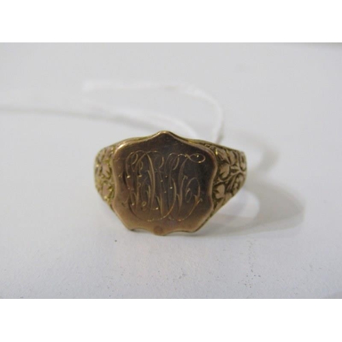 170 - GOLD SIGNET RING, an antique yellow gold engraved signet ring, (tests as 9ct) size N/O, 4.6grms