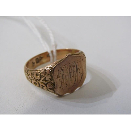 170 - GOLD SIGNET RING, an antique yellow gold engraved signet ring, (tests as 9ct) size N/O, 4.6grms