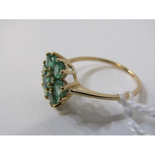 171 - EMERALD CLUSTER RING, 9ct yellow gold ring set with a cluster of 7 emeralds, size P/Q