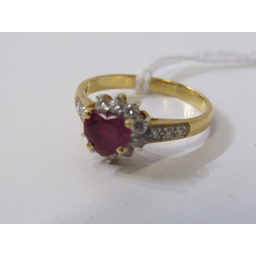 182 - RUBY & DIAMOND CLUSTER RING, 18ct yellow gold ring set a central heart shaped ruby within a cluster,... 