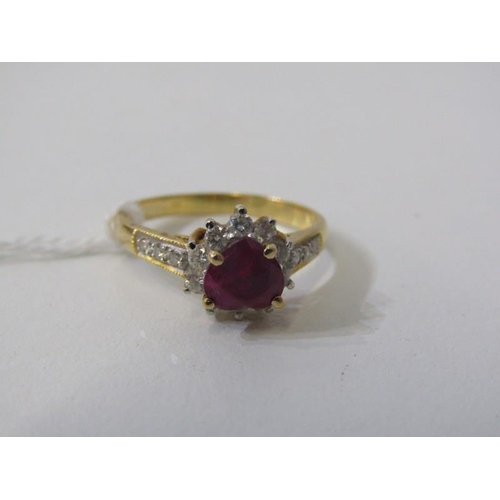 182 - RUBY & DIAMOND CLUSTER RING, 18ct yellow gold ring set a central heart shaped ruby within a cluster,... 