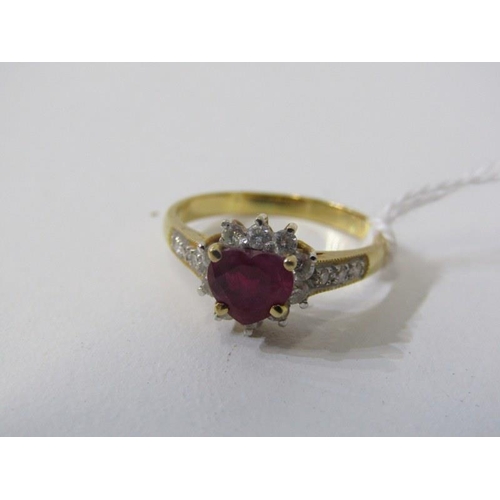 182 - RUBY & DIAMOND CLUSTER RING, 18ct yellow gold ring set a central heart shaped ruby within a cluster,... 