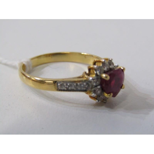 182 - RUBY & DIAMOND CLUSTER RING, 18ct yellow gold ring set a central heart shaped ruby within a cluster,... 