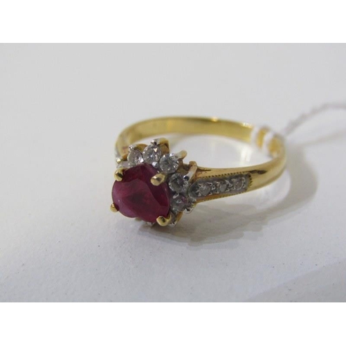 182 - RUBY & DIAMOND CLUSTER RING, 18ct yellow gold ring set a central heart shaped ruby within a cluster,... 