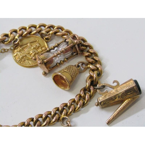 184 - GOLD CHARM BRACELET, 9ct gold curb link watch chain set 1910 half sovereign together with 9 further ... 