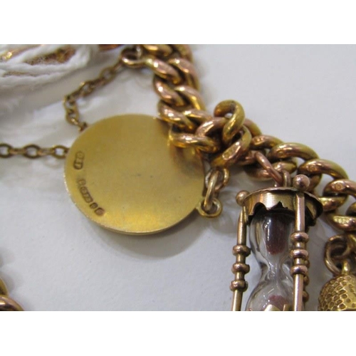 184 - GOLD CHARM BRACELET, 9ct gold curb link watch chain set 1910 half sovereign together with 9 further ... 