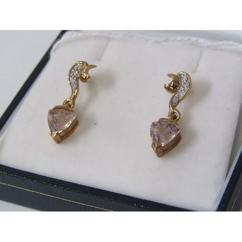 185 - TOPAZ DROP EARRINGS, pair of 9ct yellow gold drop earrings, set triangular cut pink topaz