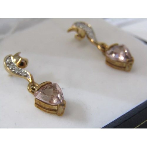 185 - TOPAZ DROP EARRINGS, pair of 9ct yellow gold drop earrings, set triangular cut pink topaz