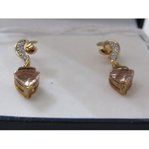 185 - TOPAZ DROP EARRINGS, pair of 9ct yellow gold drop earrings, set triangular cut pink topaz