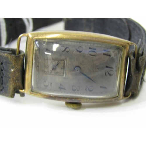 187 - WRIST WATCHES, vintage gold cased wrist watch on leather strap, with rectangular form case, case app... 