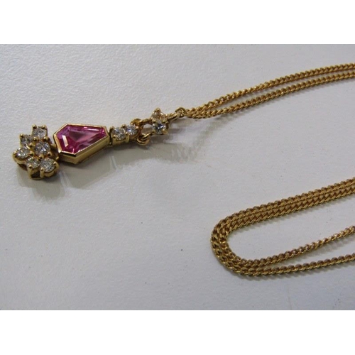 188 - DIAMOND & PINK SAPPHIRE PENDANT, 18ct yellow gold pendant set a main pink sapphire with a diamond cl... 