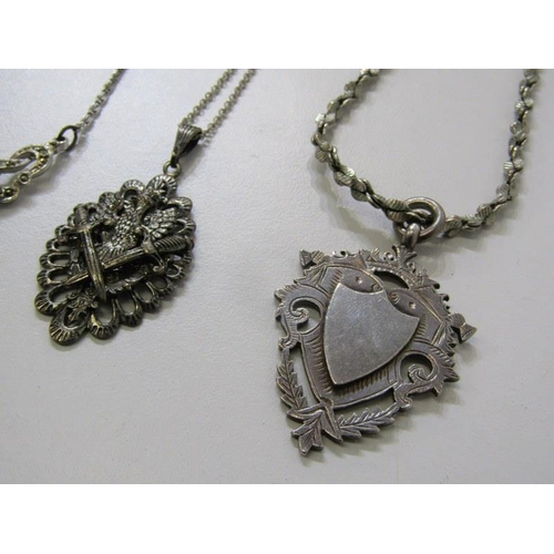 194 - SILVER NECKLACES, 4 assorted silver necklaces, 1 set a medallion fob, other set oval pendant, also f... 