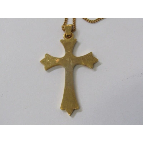 196 - GOLD CROSS ON FINELINK CHAIN, yellow gold gothic style cross with engraved decoration (tests as 18ct... 