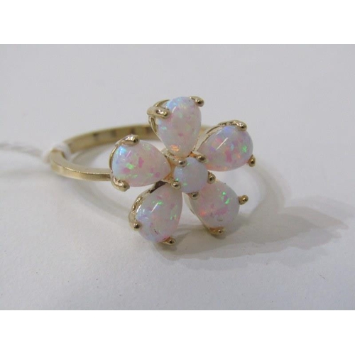 197 - OPAL CLUSTER RING, 9ct yellow gold ring set 6 opals in a daisy style cluster, size Q