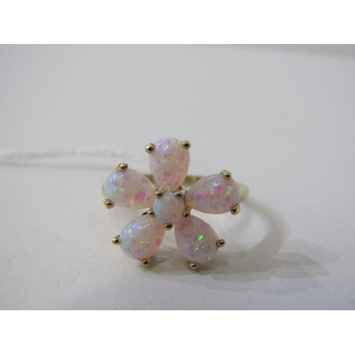 197 - OPAL CLUSTER RING, 9ct yellow gold ring set 6 opals in a daisy style cluster, size Q