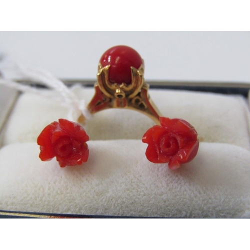 201 - CORAL JEWELLERY, yellow gold ring ( tests as 18ct) set red coral, size L, with 2 matching stud earri... 