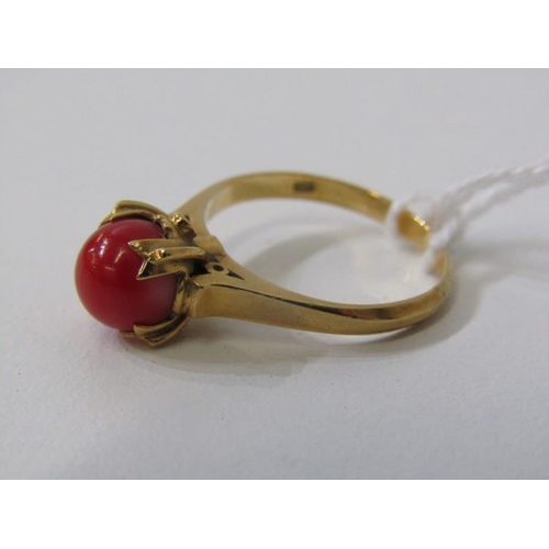 201 - CORAL JEWELLERY, yellow gold ring ( tests as 18ct) set red coral, size L, with 2 matching stud earri... 