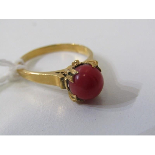 201 - CORAL JEWELLERY, yellow gold ring ( tests as 18ct) set red coral, size L, with 2 matching stud earri... 