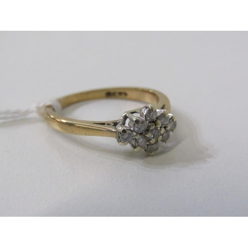 206 - DIAMOND CLUSTER RING, 9ct yellow gold ring, set a lozenge form cluster of diamonds, size H/I