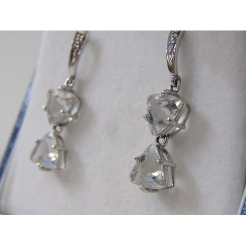 208 - WHITE GOLD STONE SET EARRINGS, pair of 9ct white gold drop earrings, each set 2 clear stones, 3cm dr... 